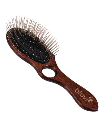 Blovi Brown Wood Pin Brush - duża, twarda i drewniana szczotka z długą, metalową szpilką 30mm i otworem na palec