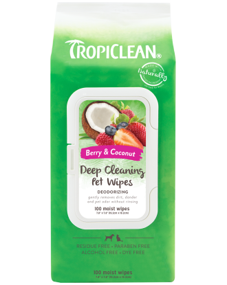 Tropiclean Deep Cleaning Pet Wipes Berry & Coconut 100szt. - oczyszczające, nawilżane chusteczki dla psa, o zapachu jagody-kokosa