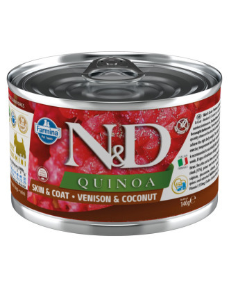 Farmina ND Quinoa Skin & Coat Venison - pełnowartościowa, bezzbożowa karma dla dorosłych psów z problemami skórnymi, z jeleniem, komosą ryżową i kokosem