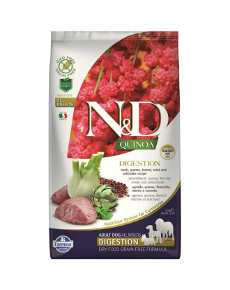 Farmina N&D Quinoa Digestion Adult All Breeds 2,5kg - pełnowartościowa bezzbożowa karma dla dorosłych psów, wspierająca układ pokarmowy, z jagnięciną i komosą ryżową