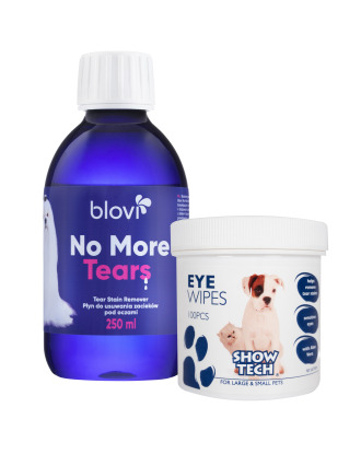 Blovi No More Tears 250ml + Eye Wipes 100szt. - zestaw do usuwania przebarwień pod oczami u psów i kotów