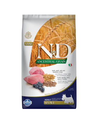 Farmina N&D Ancestral Grain Lamb & Blueberry Adult Mini 2,5kg - pełnowartościowa karma dla dorosłych psów małych ras, z prazbożami, jagnięciną i borówkami